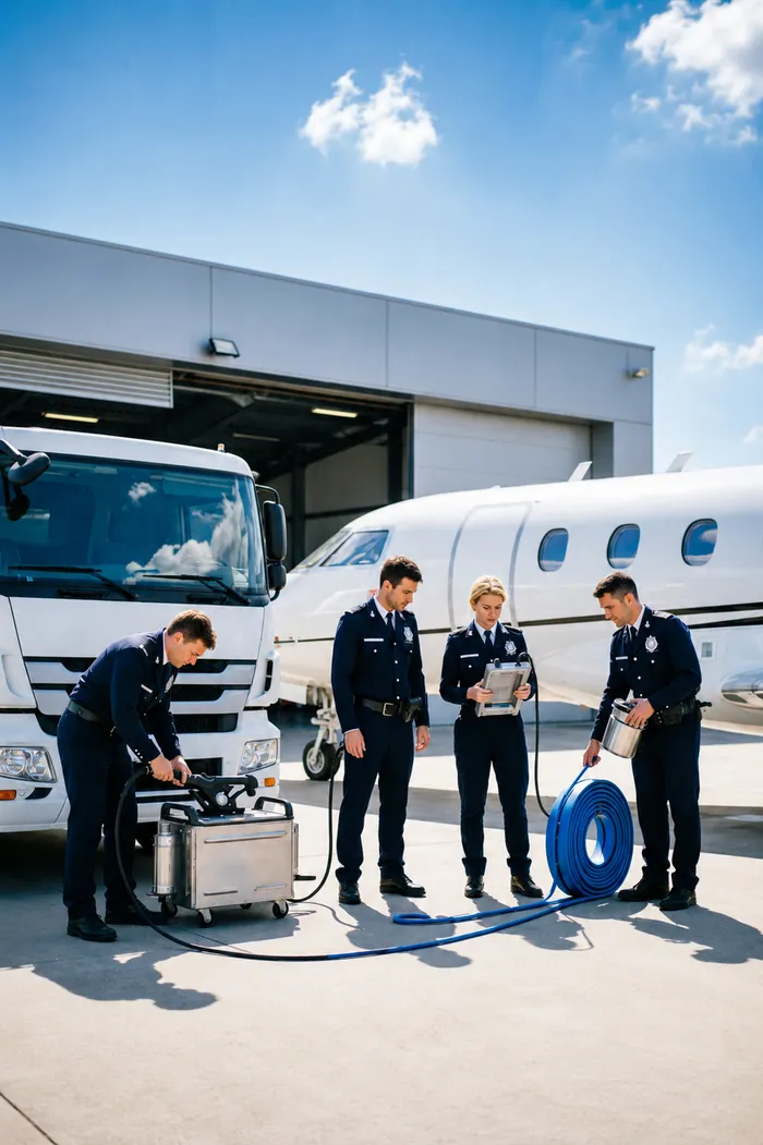 Unité mobile Éclat Altitude stationnée devant un hangar privé